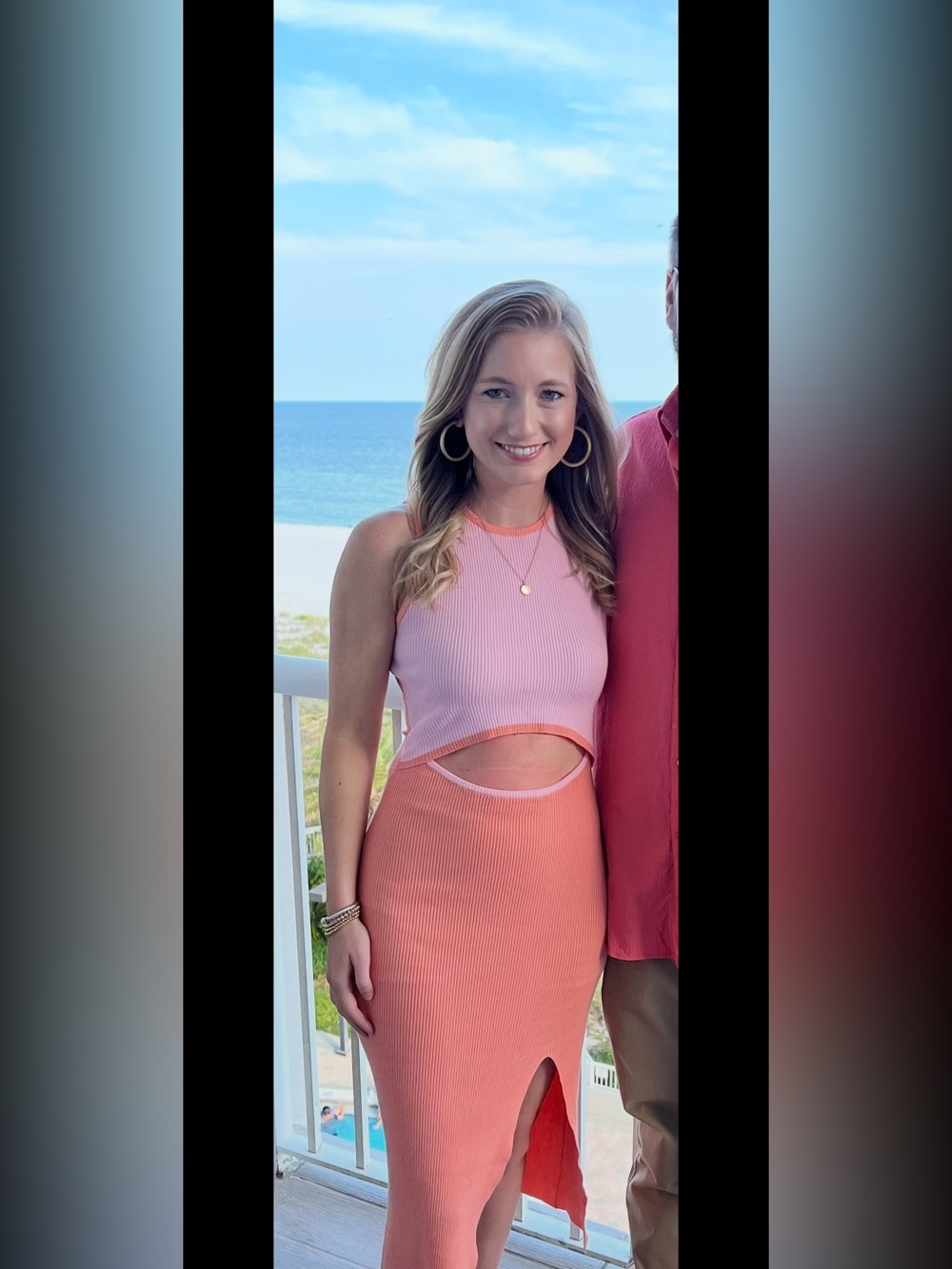 Two-Tone Pink and Coral Ribbed Cutout Dress